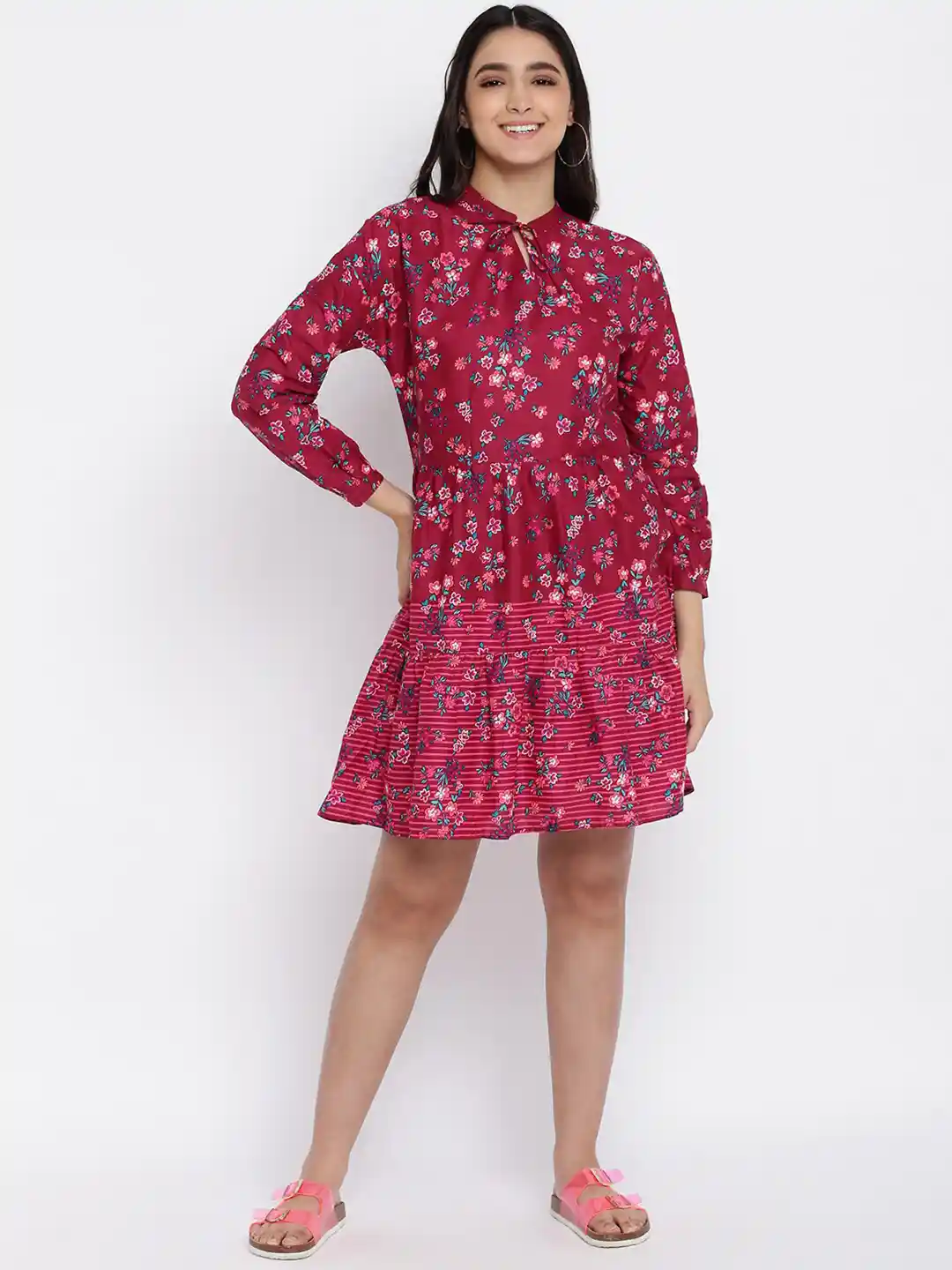 Buy abof Maroon Floral Tie-Up Neck Dress Dresses for Women