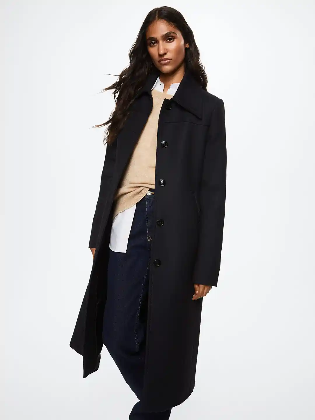 Buy MANGO Women Navy Blue Longline Sustainable Overcoat Coats