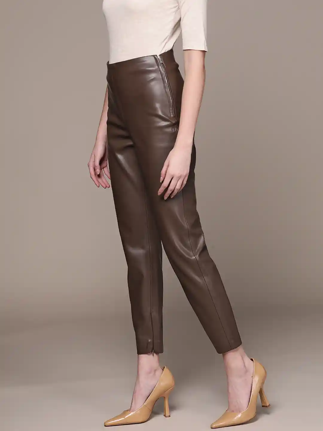 MANGO Women Brown Solid Faux Leather Leggings