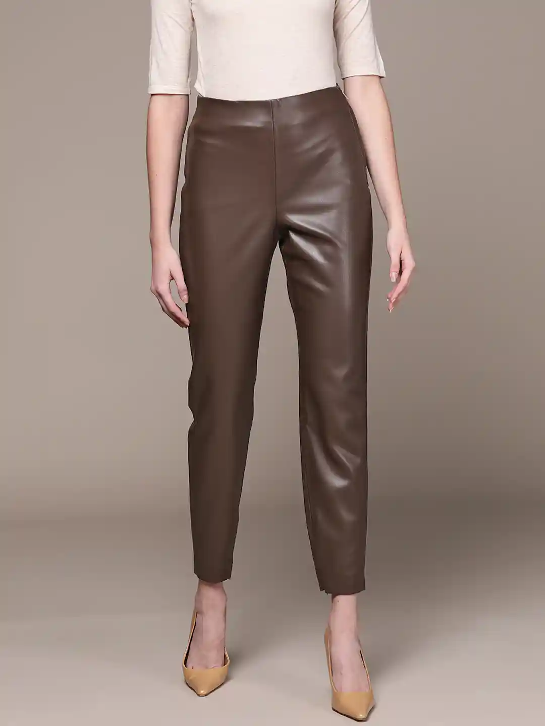Buy MANGO Women Brown Solid Faux Leather Leggings Leggings for