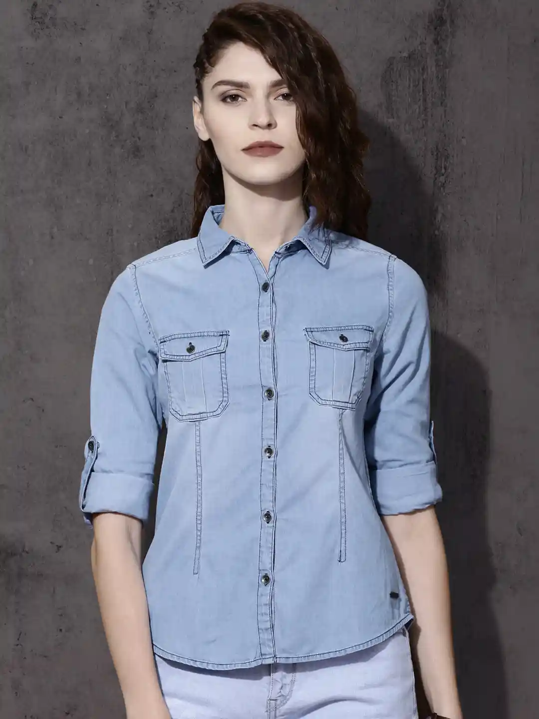 Buy Roadster Women Blue Regular Fit Faded Denim Shirt Shirts for
