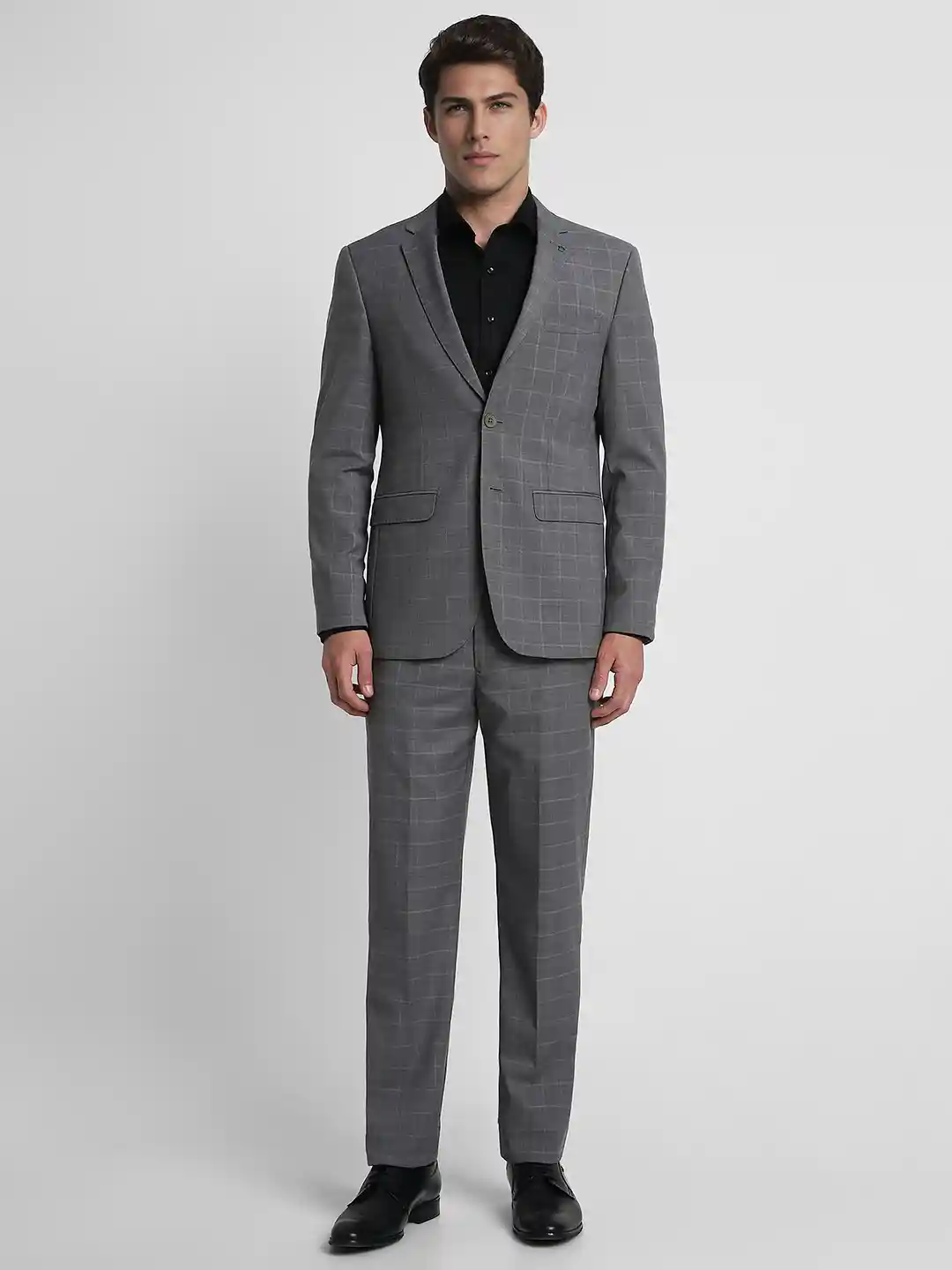 Louis Philippe Men Grey Self-Design Checked Slim-Fit Single-Breasted Formal  Suit