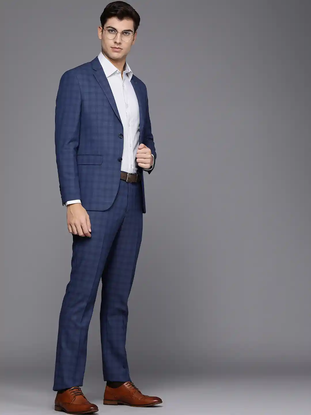 Louis Philippe Men Blue Checked Slim Fit Single-Breasted Formal Suit