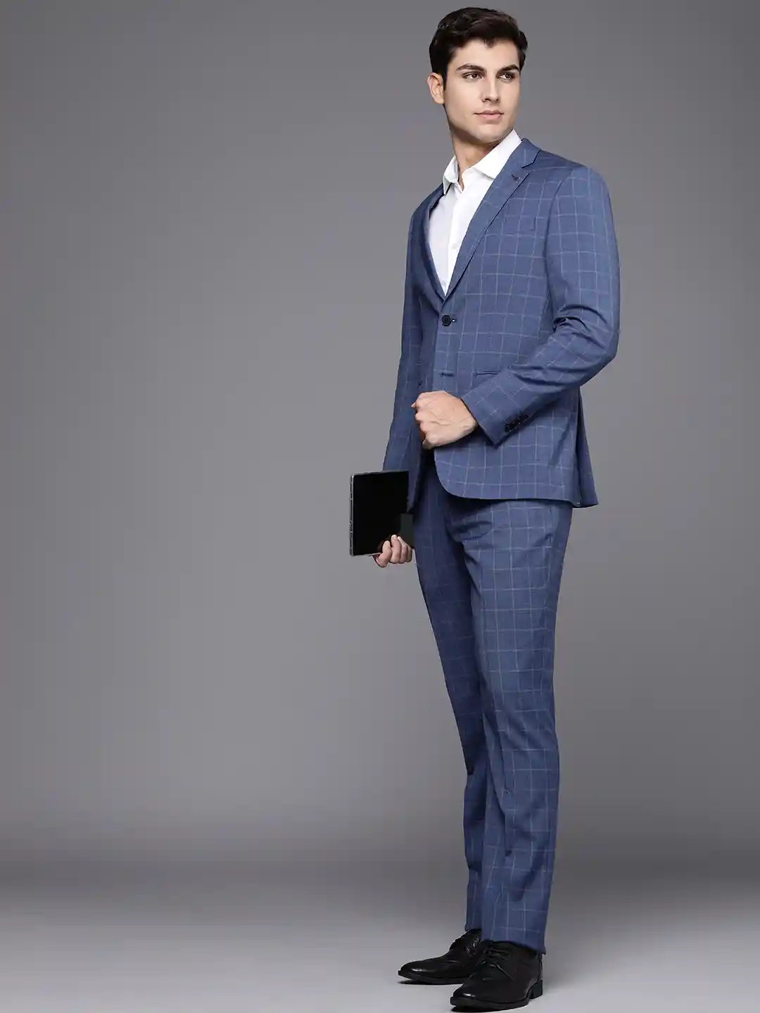 Louis Philippe Men Navy Blue Self-Design Checked Slim-Fit Single-Breasted  Formal Suit