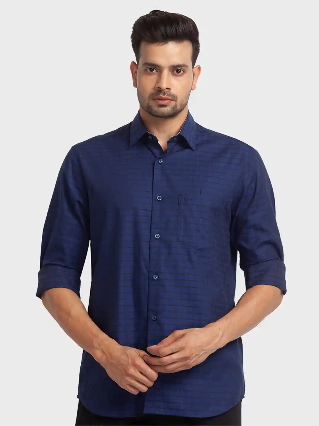 ColorPlus Men Blue Tailored Fit Striped Organic Cotton Casual Shirt