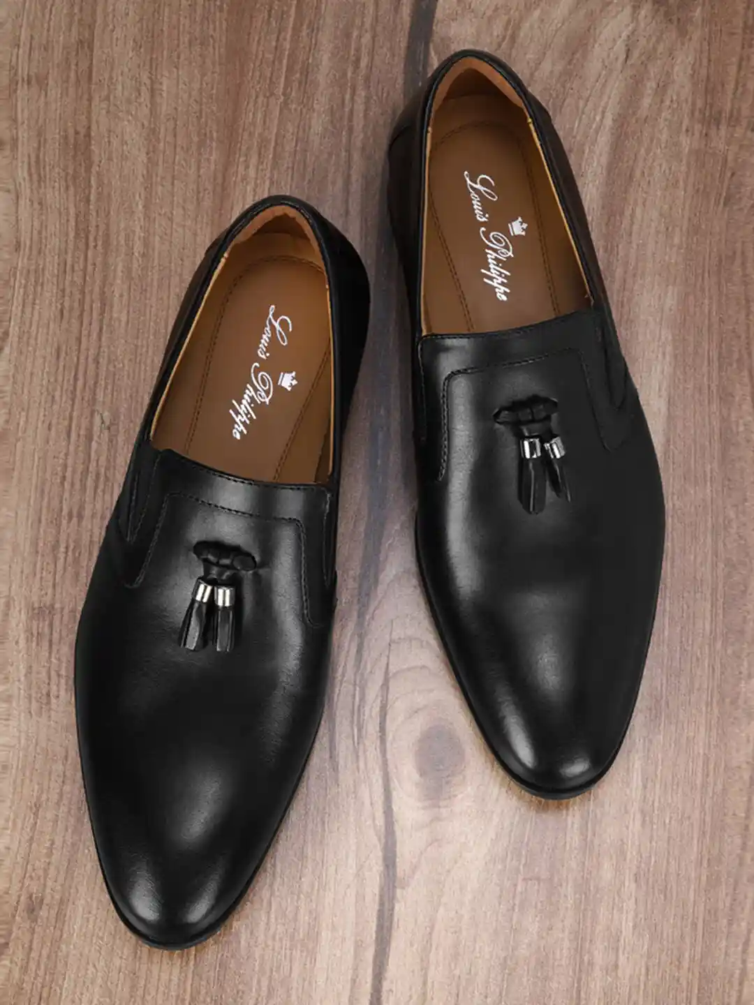 Louis Philippe Mens Black Leather Loafers Louis Philippe Black