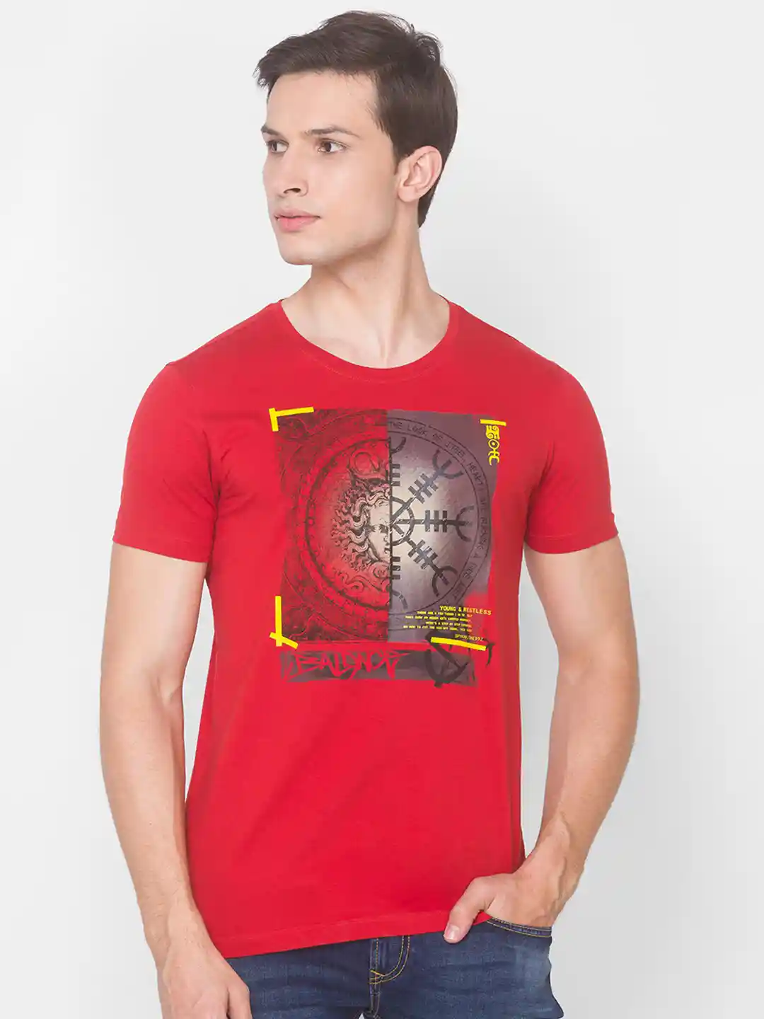 Buy SPYKAR Men Red Printed Cotton Slim Fit T-shirt Tshirts for