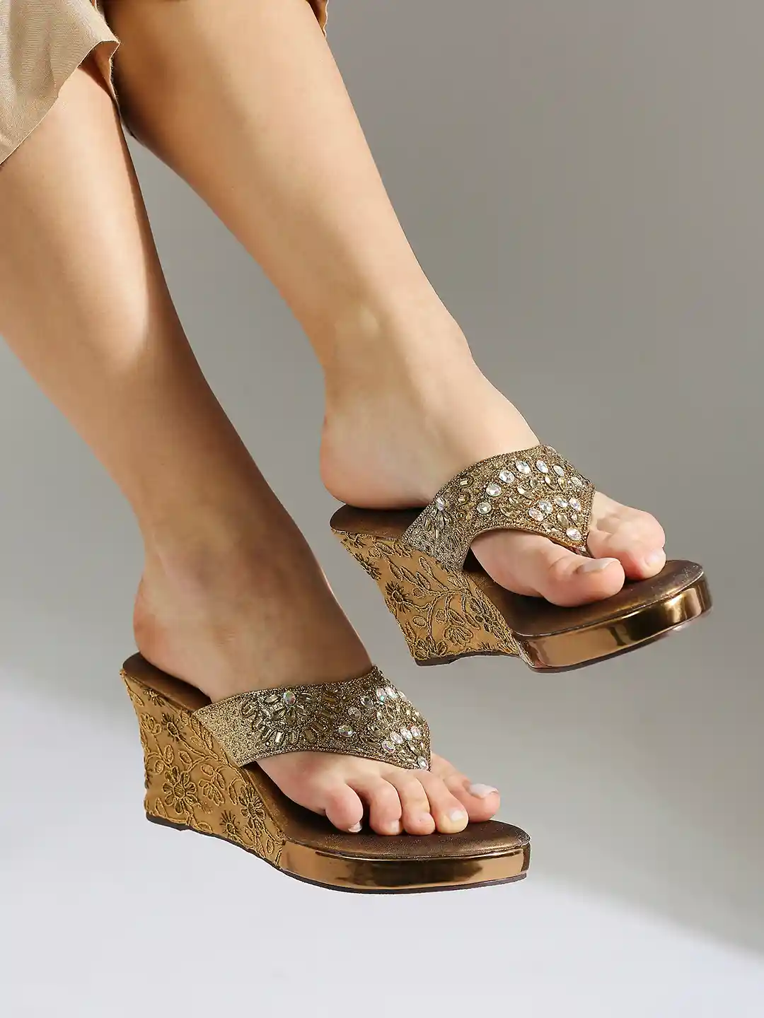 Buy Inc Women Gold-Toned Antique Embellished Ethnic Wedge