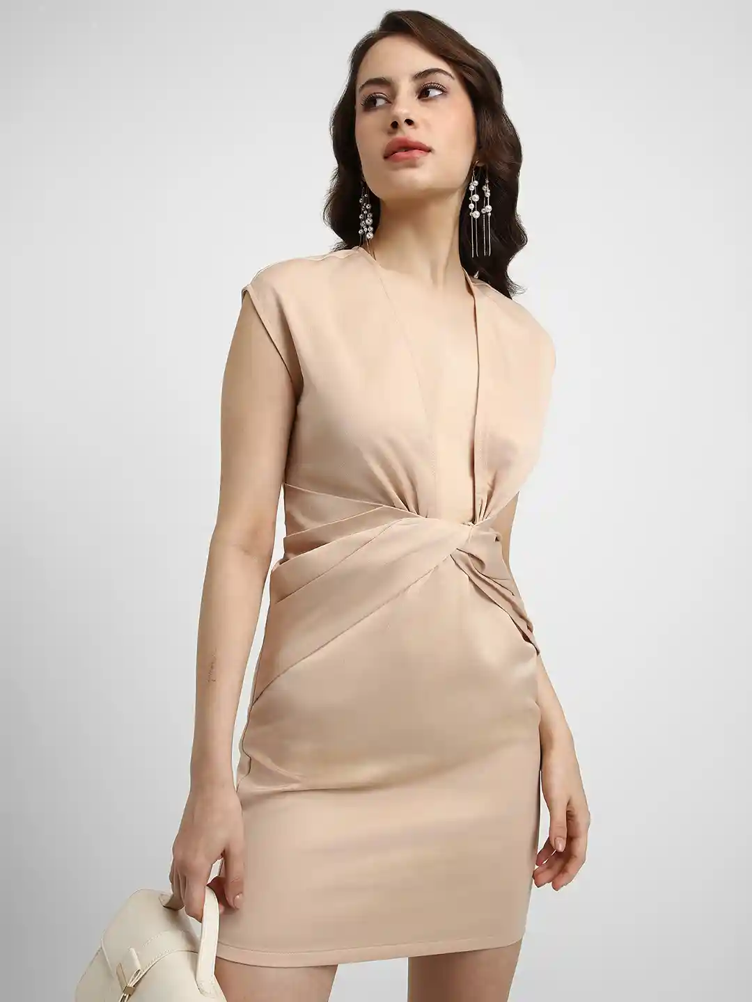 Buy FOREVER 21 Beige Solid Bodycon Party Mini Dress Dresses for - Main Image