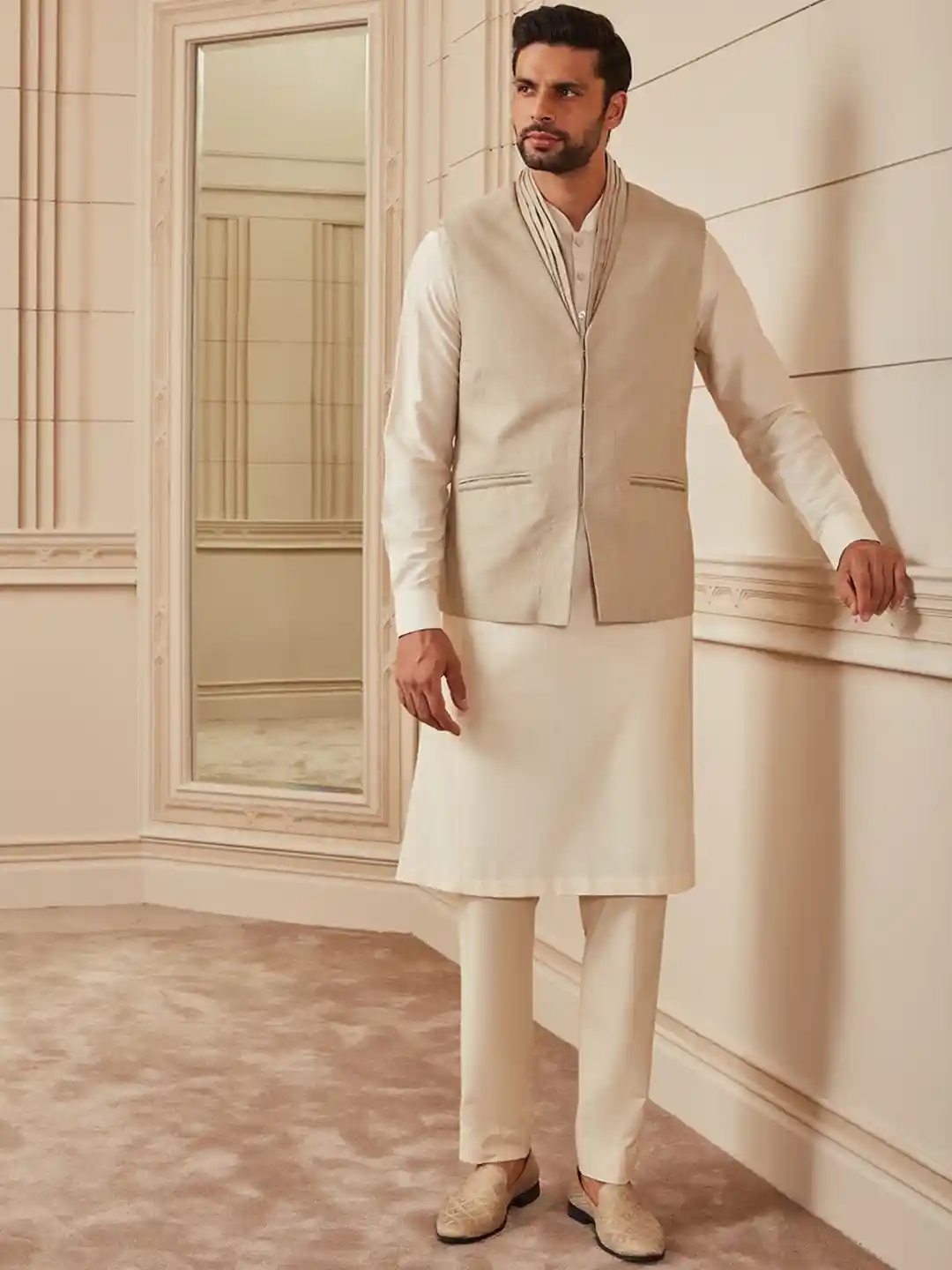 Buy Tasva Men Beige Colored Solid Linen Bundi With Surplice Collar