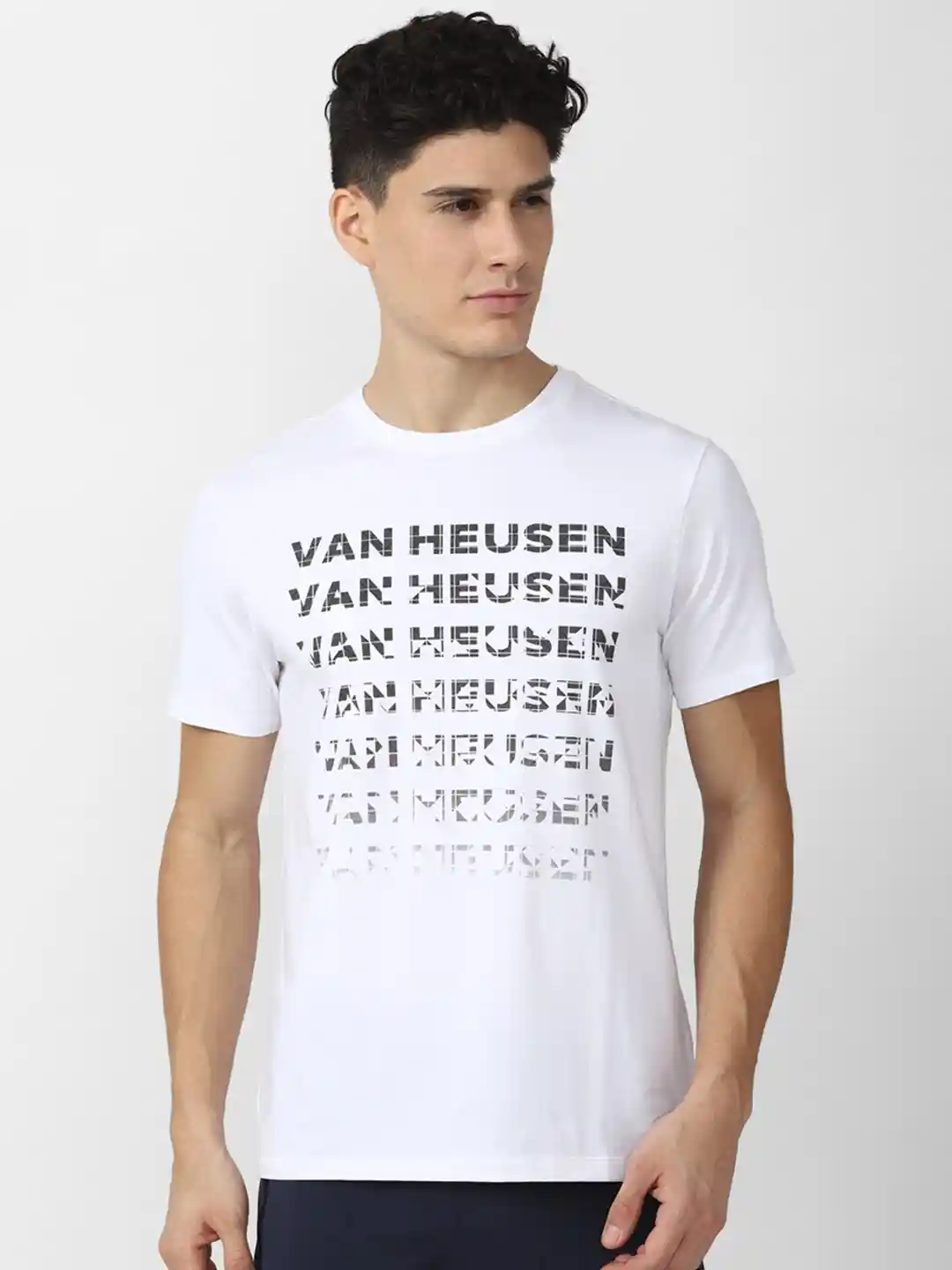 Van Heusen Flex Men White Typography Printed Slim Fit Sports T-shirt