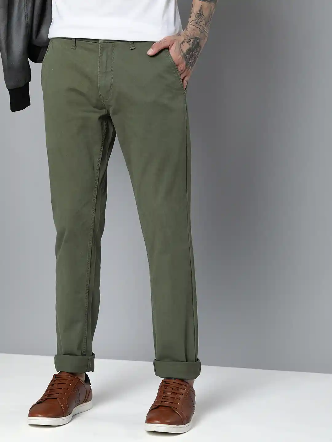 Flying Machine Men Olive Green Comfort Slim Fit Chinos Trousers