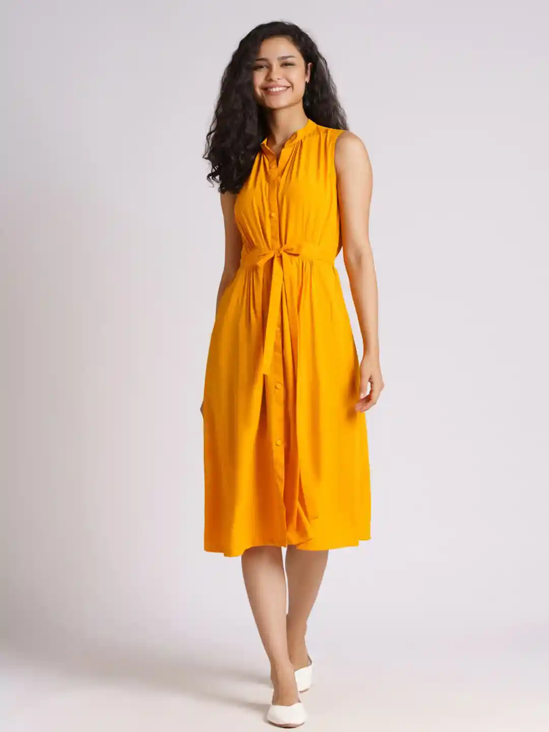 Buy AASK Women Mustard Yellow Crepe Shirt Midi Dress Dresses for