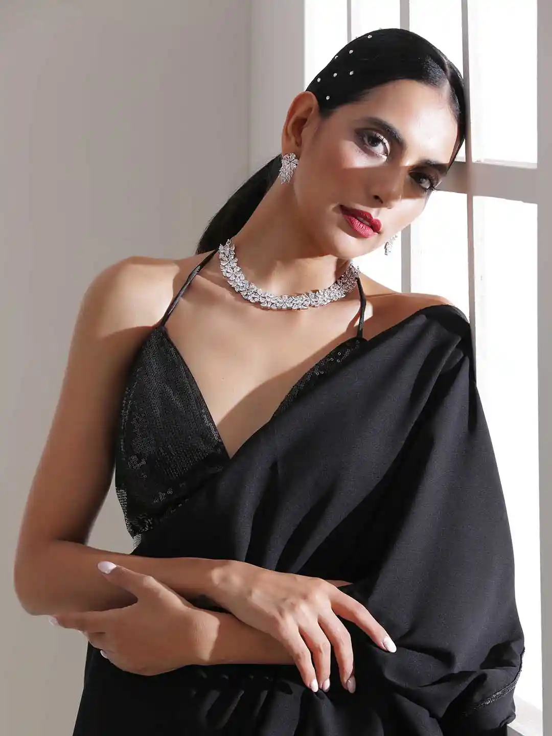 Buy Swtantra Woman Black Sequined Halter Neck Blouse Saree