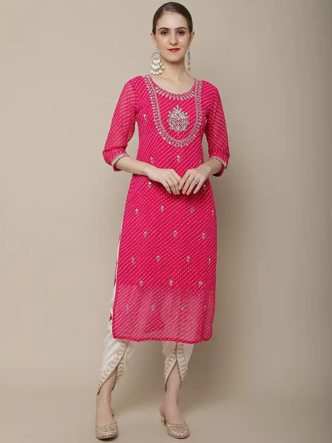 Buy Sangria Women Pink Floral Embroidered Georgette Straight Kurta