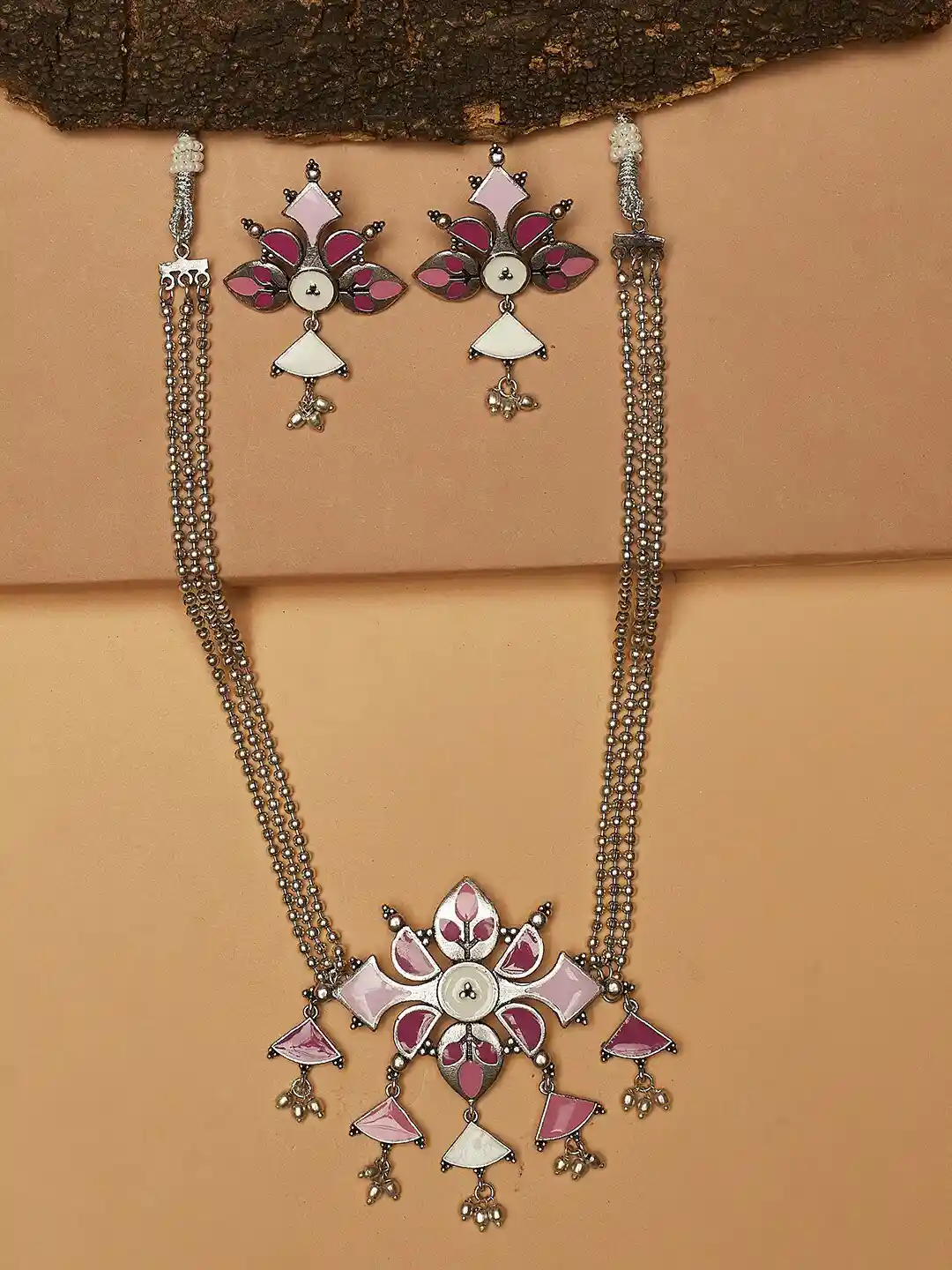 Voylla Pink Silver-Toned Enamelled Beaded Brass Jewellery Set