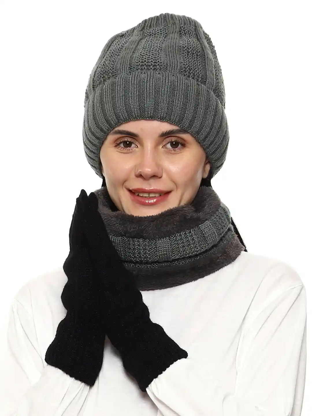 Gajraj Unisex Grey Acrylic Beanie, Neck Warmer Scarf and Gloves Set (3  Piece)