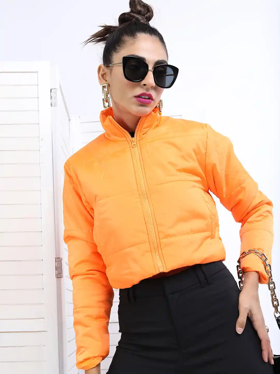 Buy Tokyo Talkies Women Orange Solid Polyester Crop Puffer Jacket