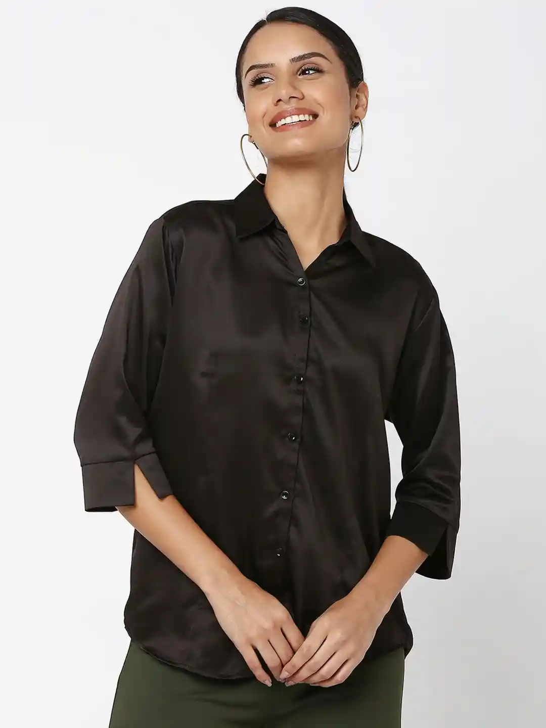 Smarty Pants Women Black Satin Casual Shirt