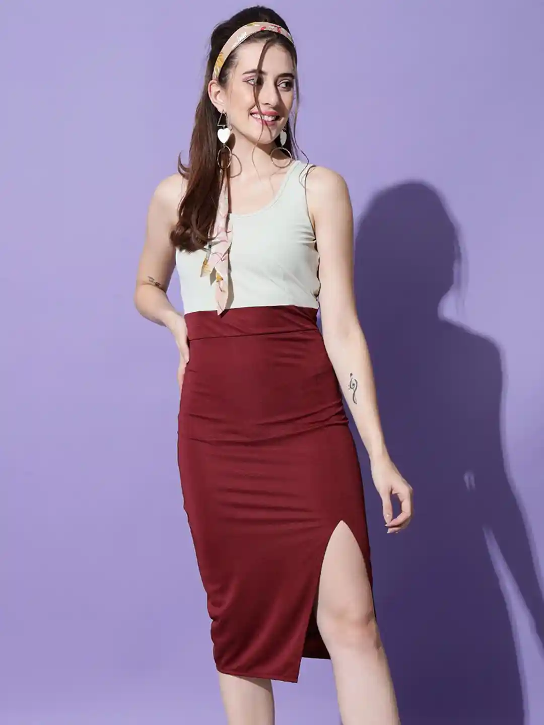 Trend Arrest Sea Green Maroon Colourblocked Bodycon Midi Dress