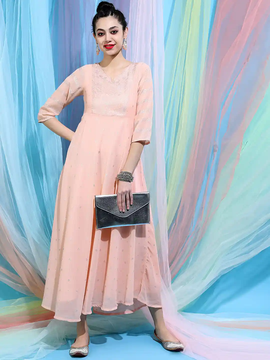 Buy Vishudh Peach-Coloured Silver-Toned Floral Ethnic Maxi Dress