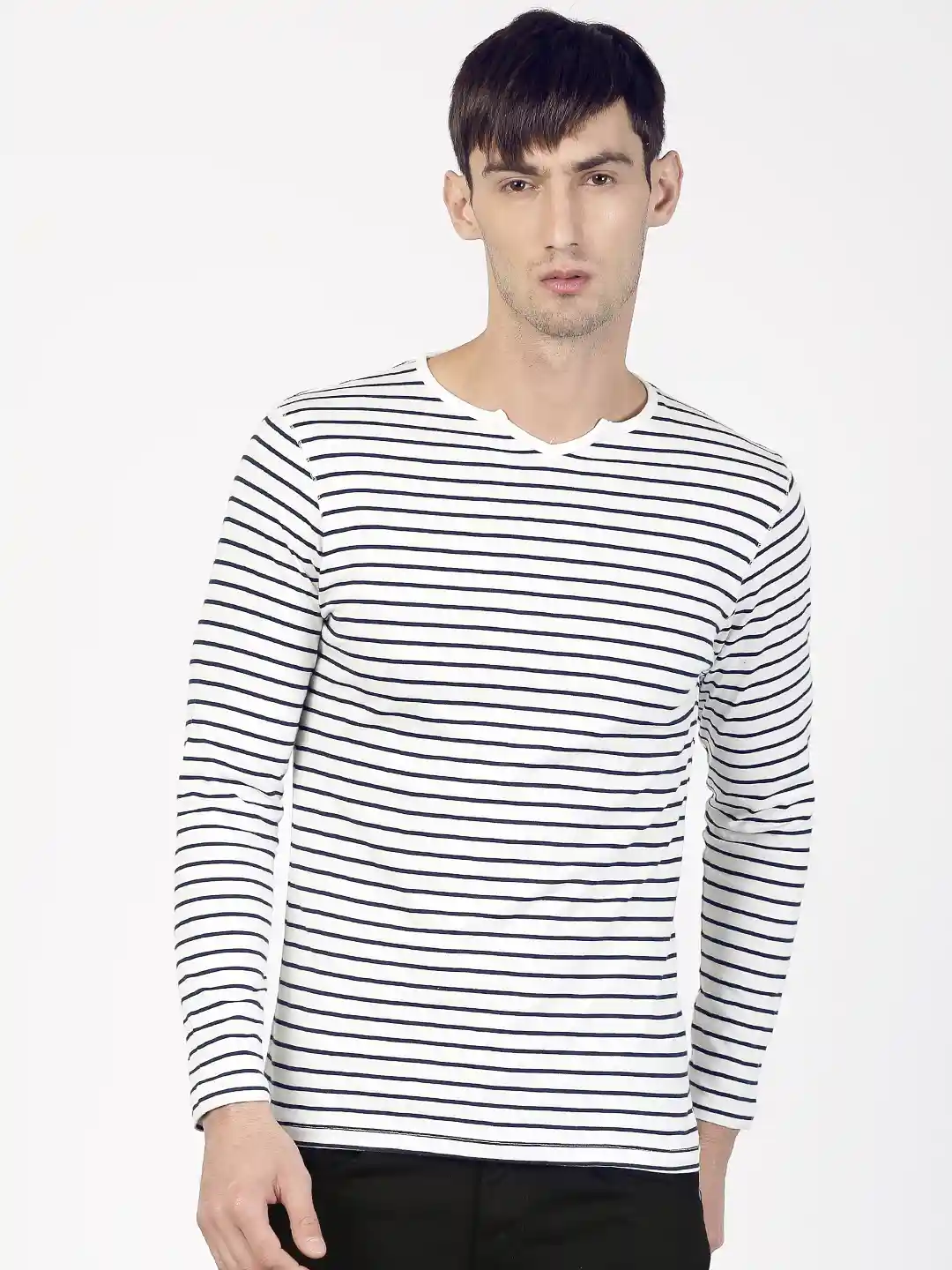 Buy ETHER MEN White Striped Notch Neck Full Sleeve Pure Cotton T