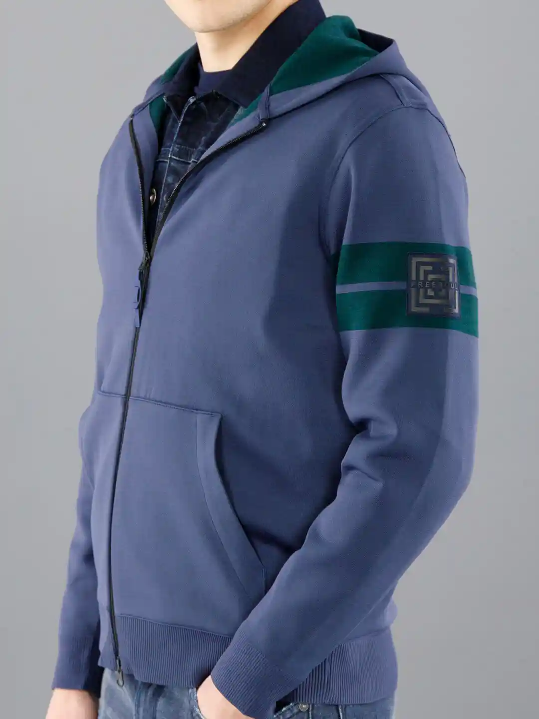 Buy FREESOUL Men Blue Green Hooded Open Front Jacket Jackets