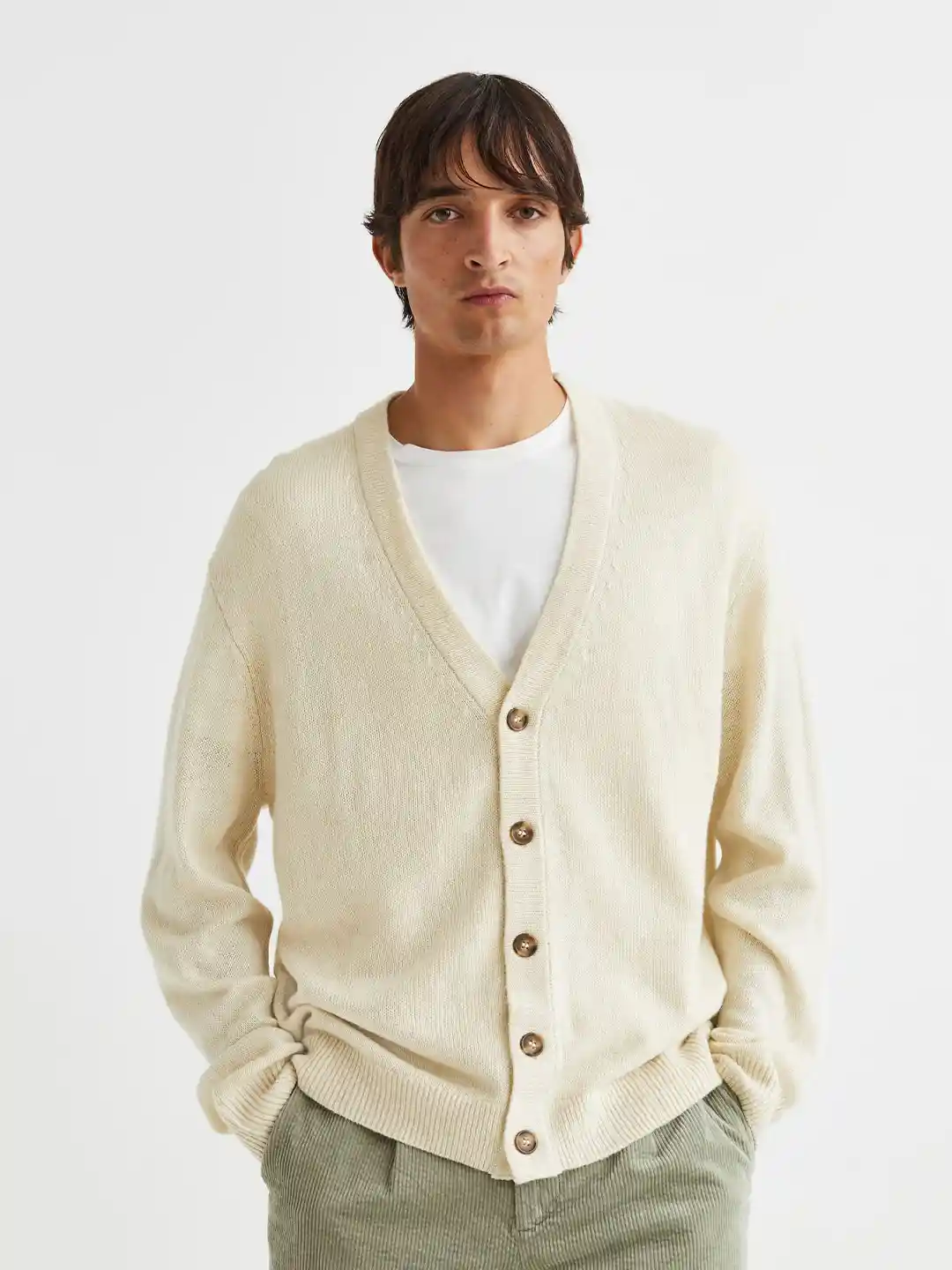 Mens Cardigan Cream Knitted Jacket Wellen Recycled Cotton Men's Cream Hooded Knit Cardigan Sweater