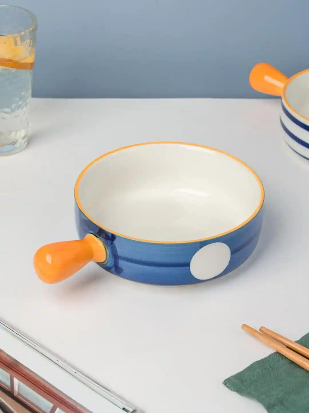 Nestasia Blue White Microwave safe Printed Ceramic Glossy Snack Bowl With  Handle 700 ml