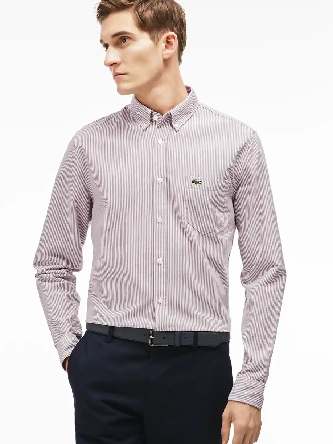 Buy Lacoste Red White Classic Fit Striped Oxford Casual Shirt