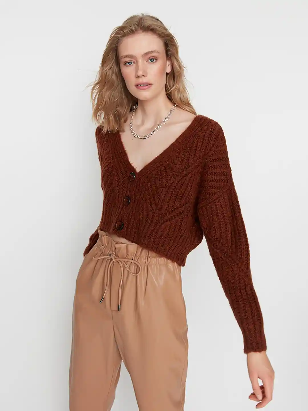 Trendyol Women Brown Cable Knit Crop Cardigan