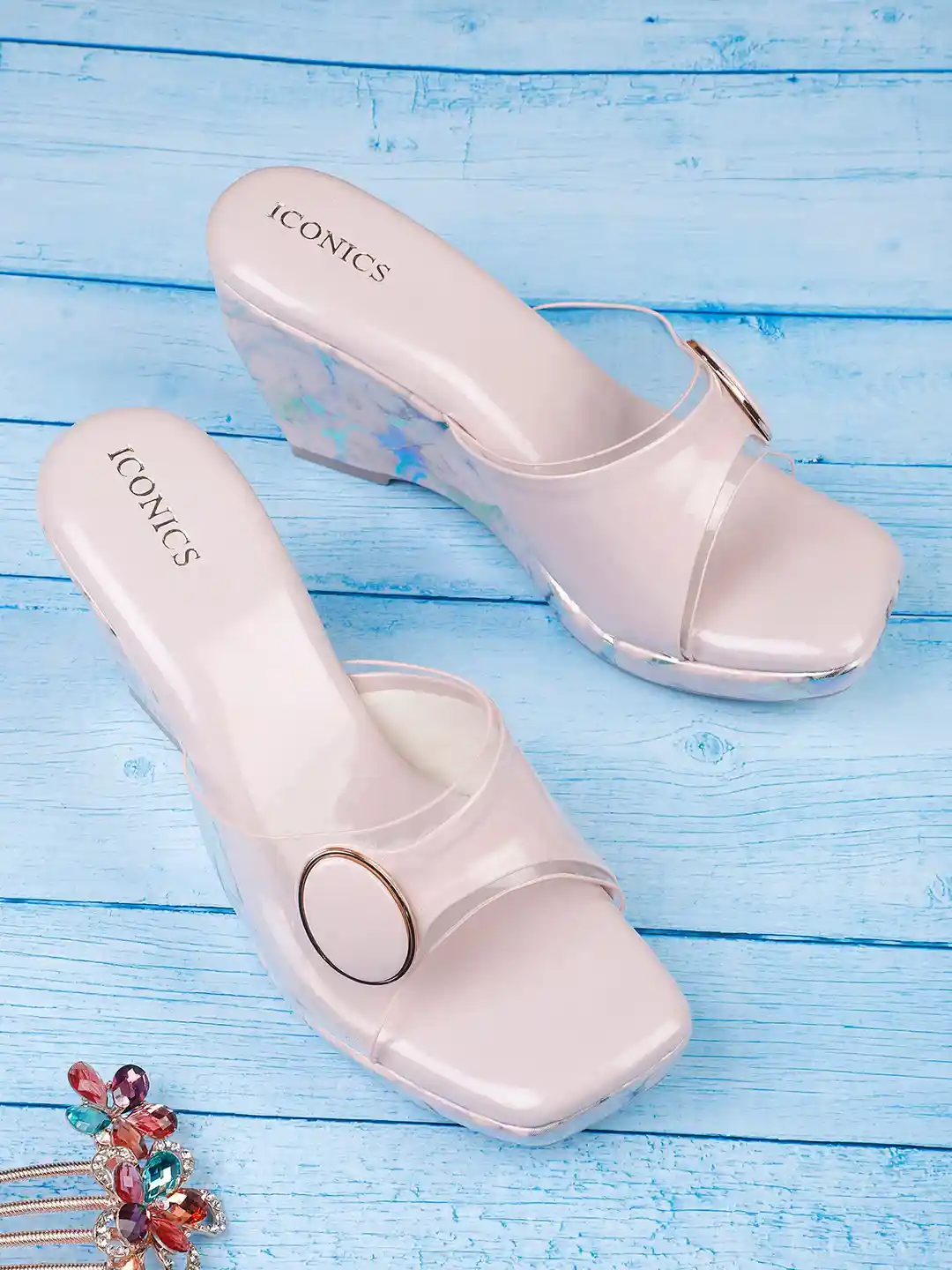 Buy ICONICS Women Pink Transparent Wedge Sandals Heels for