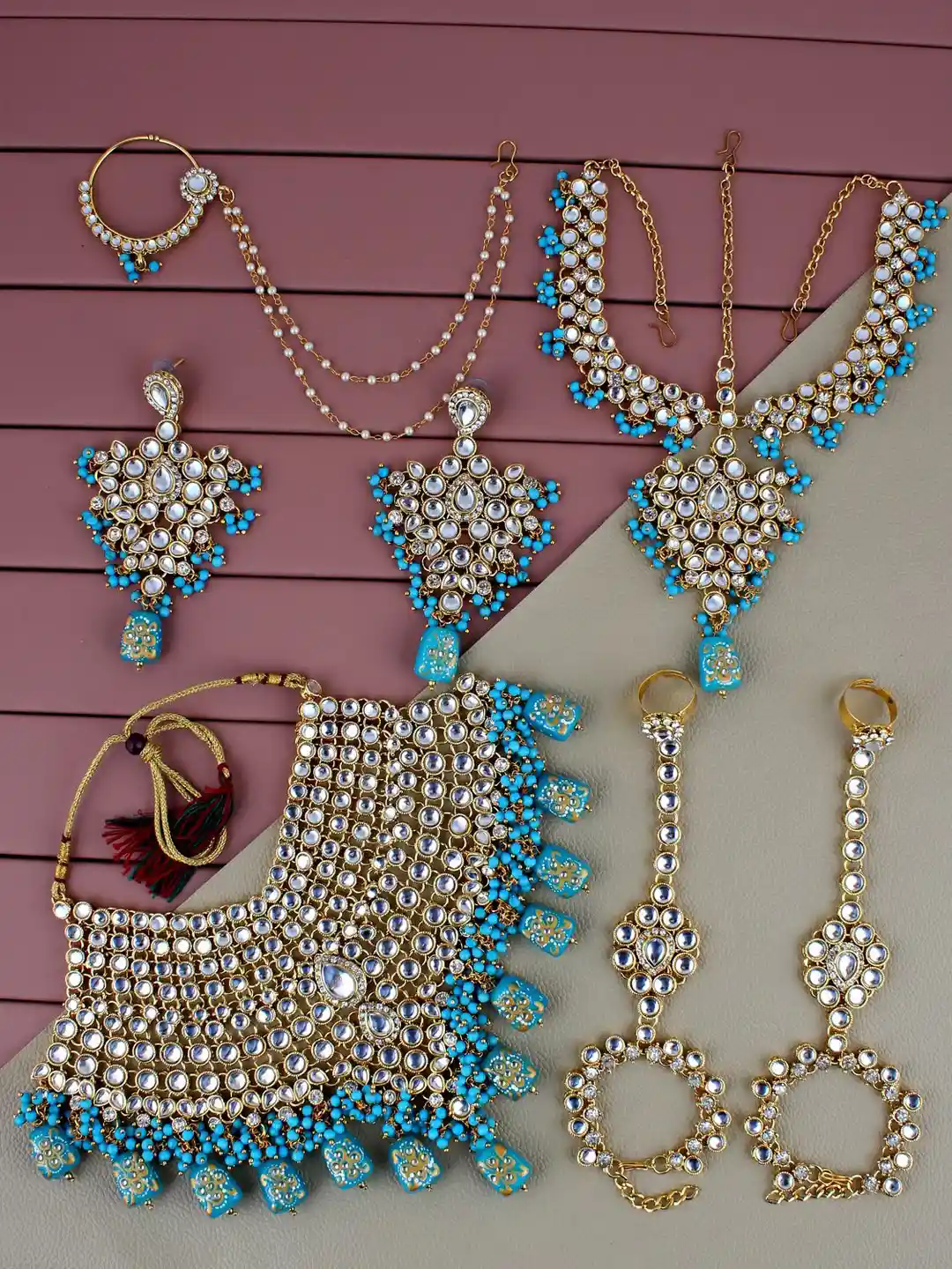 LUCKY JEWELLERY 18K Gold-Plated Kundan Studded Beaded Bridal Jewellery Set