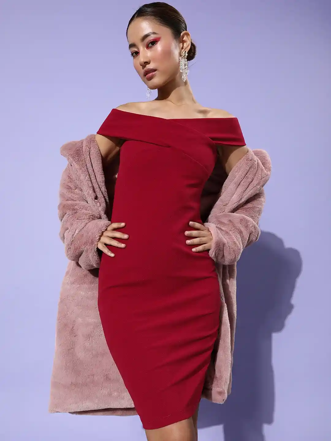 Buy Moda Rapido Hot Red Going Out Off-Shoulder Bodycon Dress