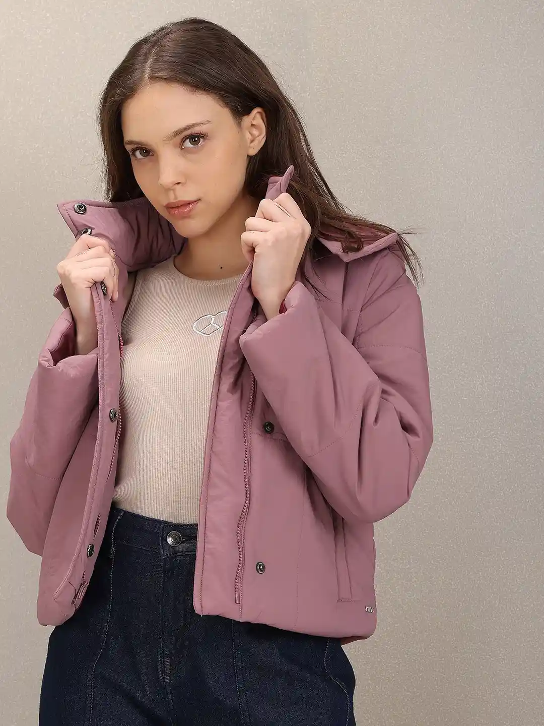 Buy Polo Women Dusty Pink Solid Hooded Padded Jacket