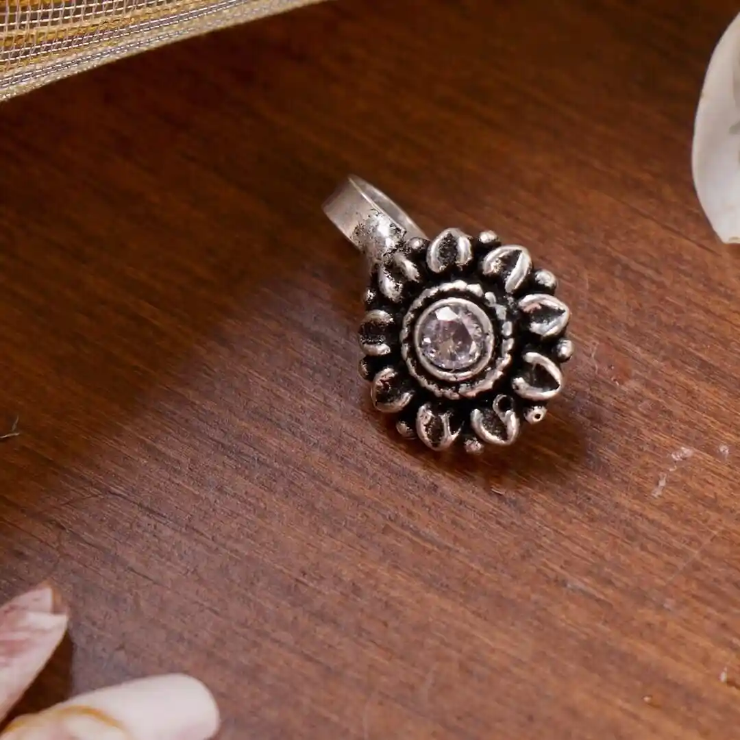 Buy TEEJH Silver-Plated Black Stone-Studded Oxidised Clip-On