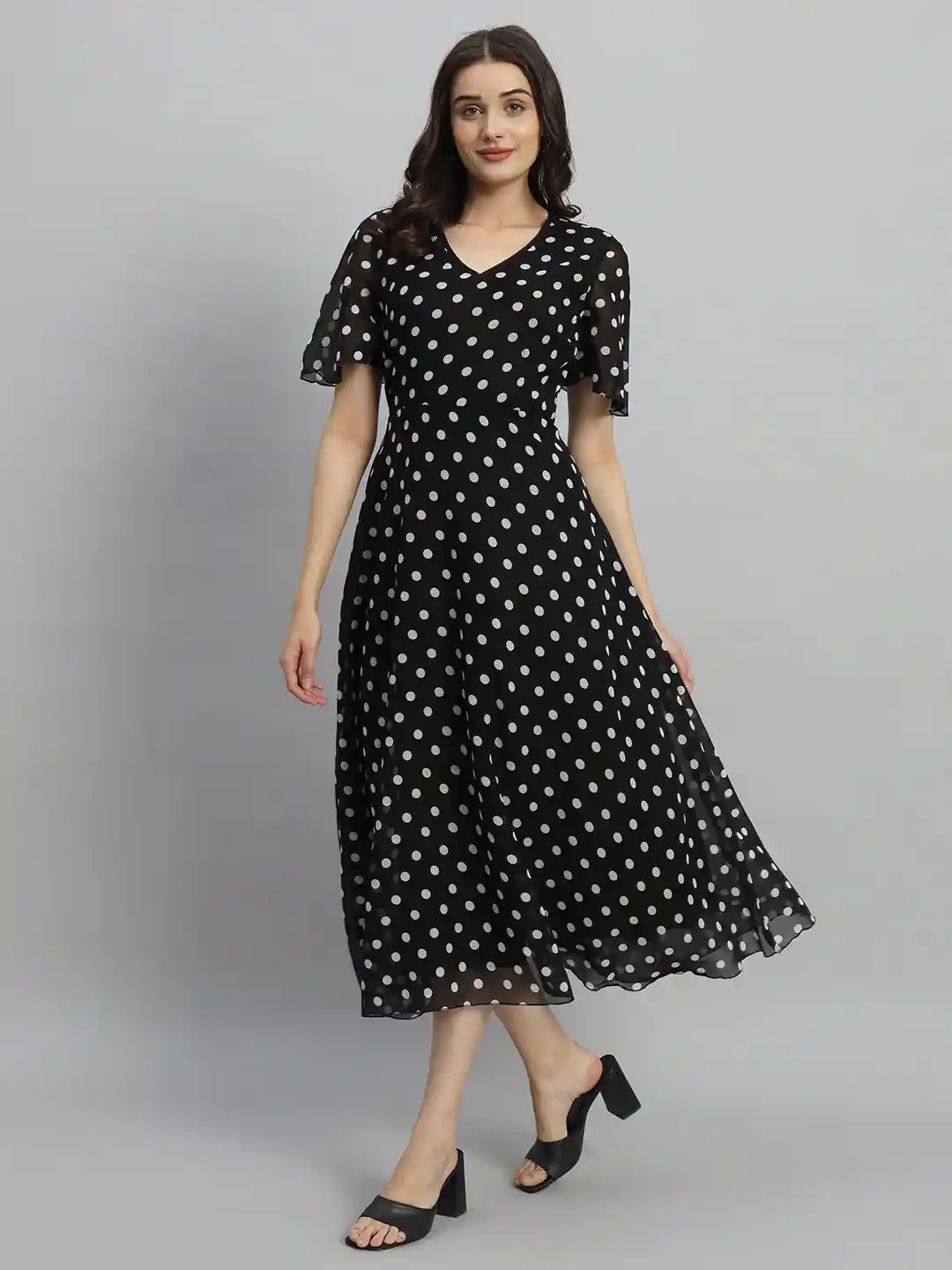 Curvydrobe Polka Dot Flared Sleeve A-Line Midi Dress