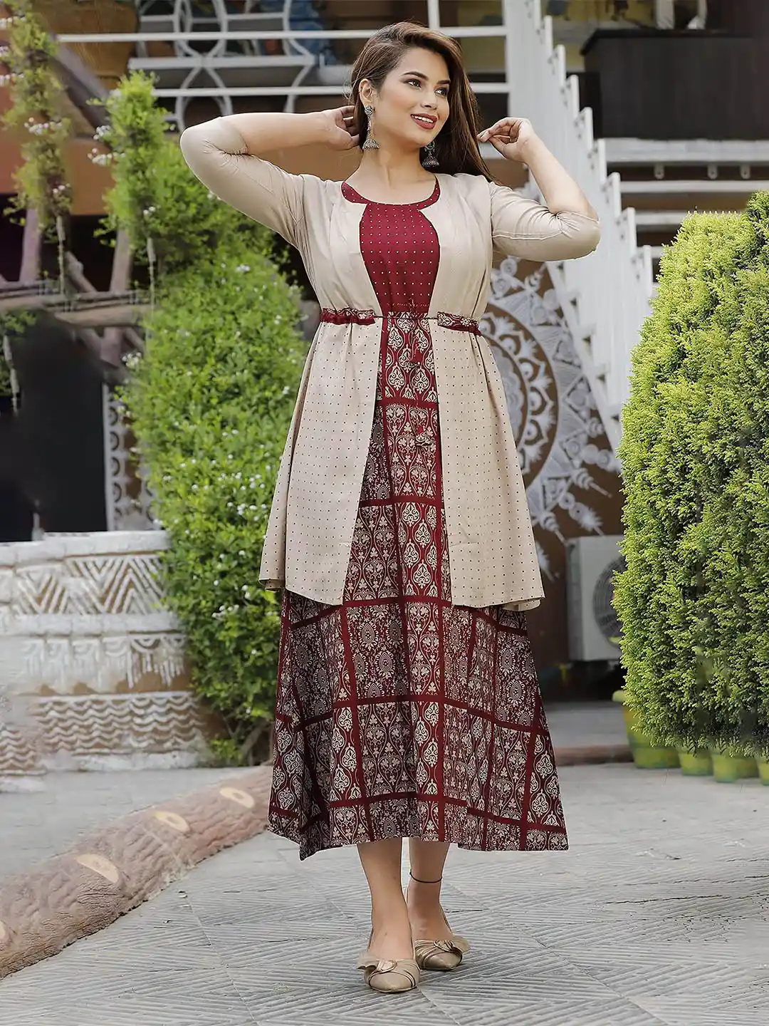 Buy G4Girl Ethnic Motifs Print A-Line Maxi Ethnic Dress With Shrug