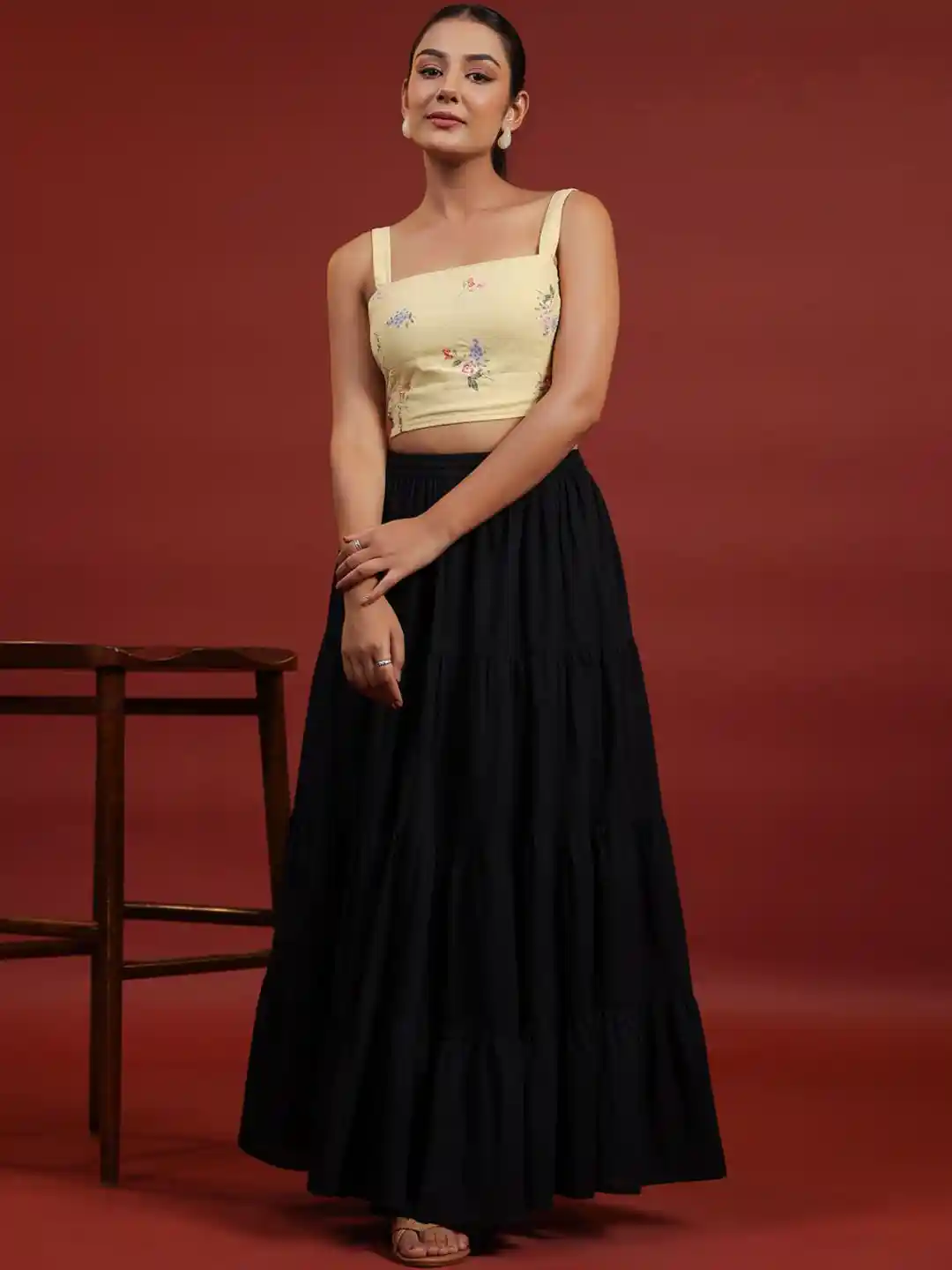 anayna Women Pure Cotton Flared Maxi Skirt