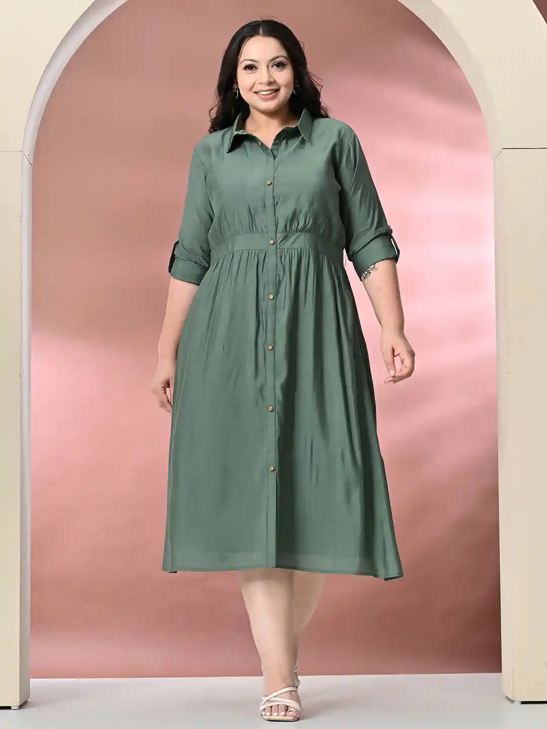 PrettyPlus by Plus Size Roll-Up Sleeve Shirt Midi Dress