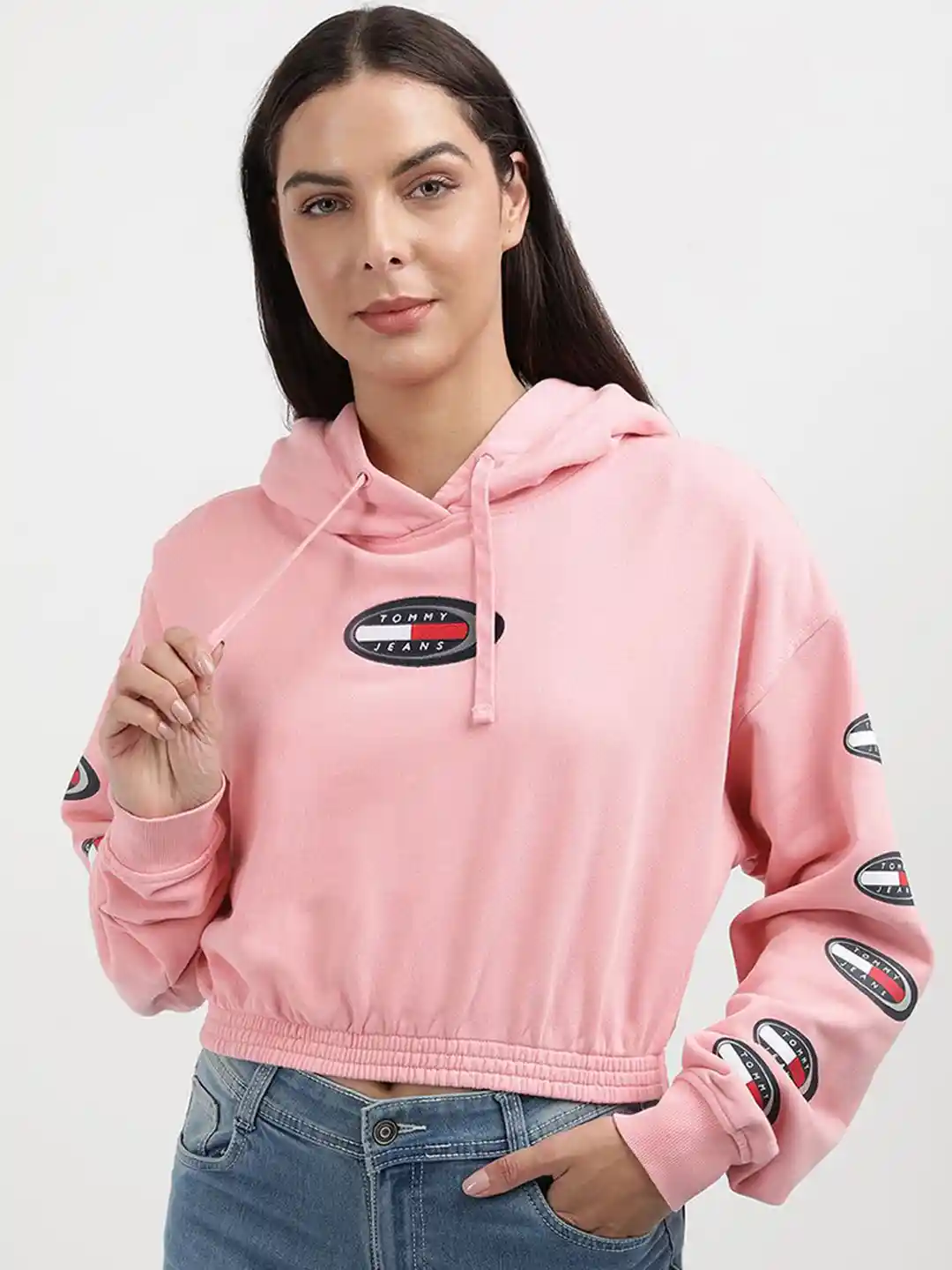 Tommy Hilfiger Women Solid Hooded Crop Sweatshirt