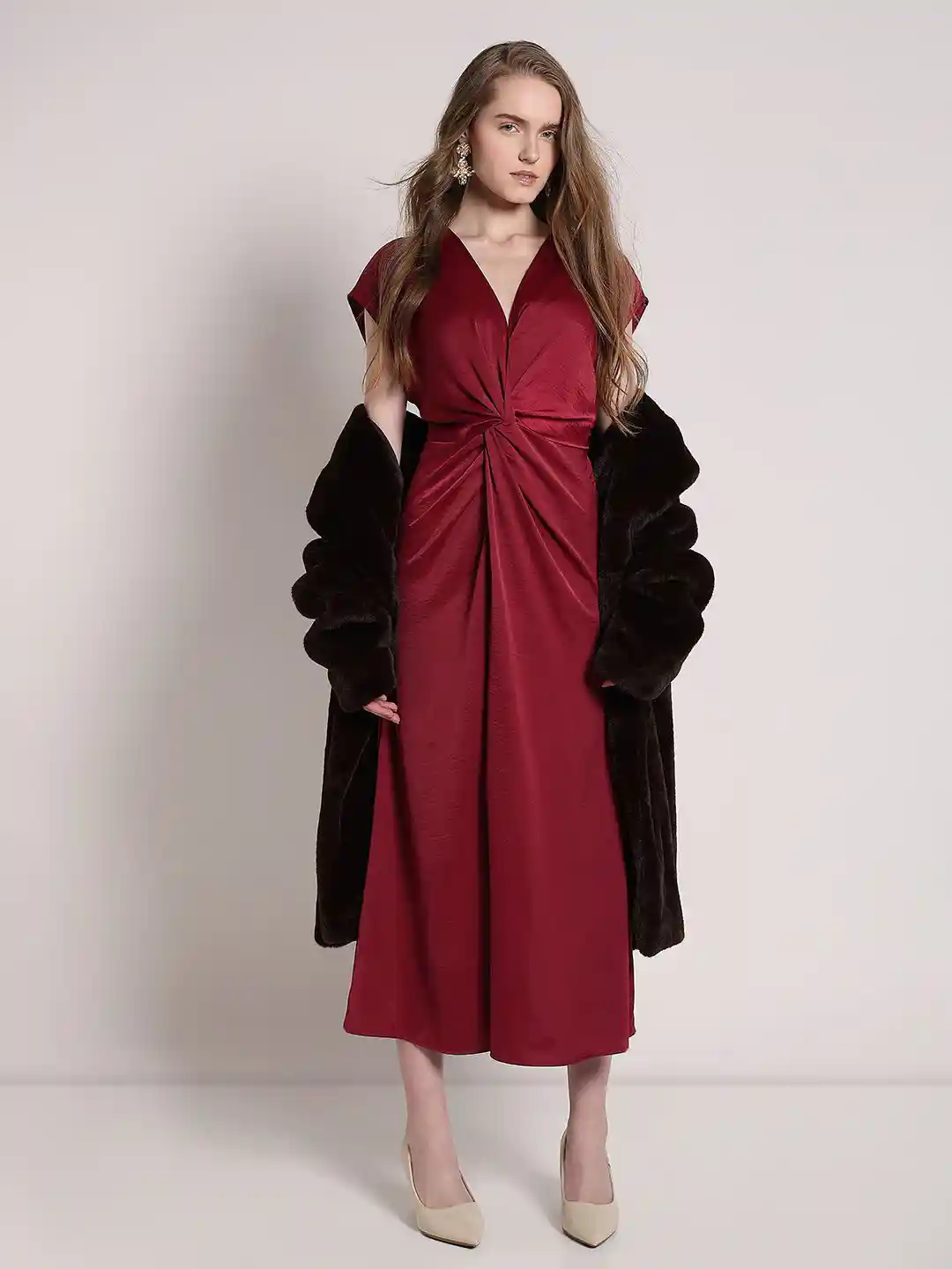 Ladies Dresses Red Wrap Dress Short Sleeve Vero Moda Solid V-Neck