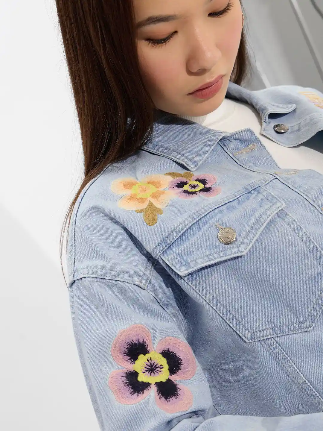 Buy The Souled Store Women Floral Crop Denim Jacket with