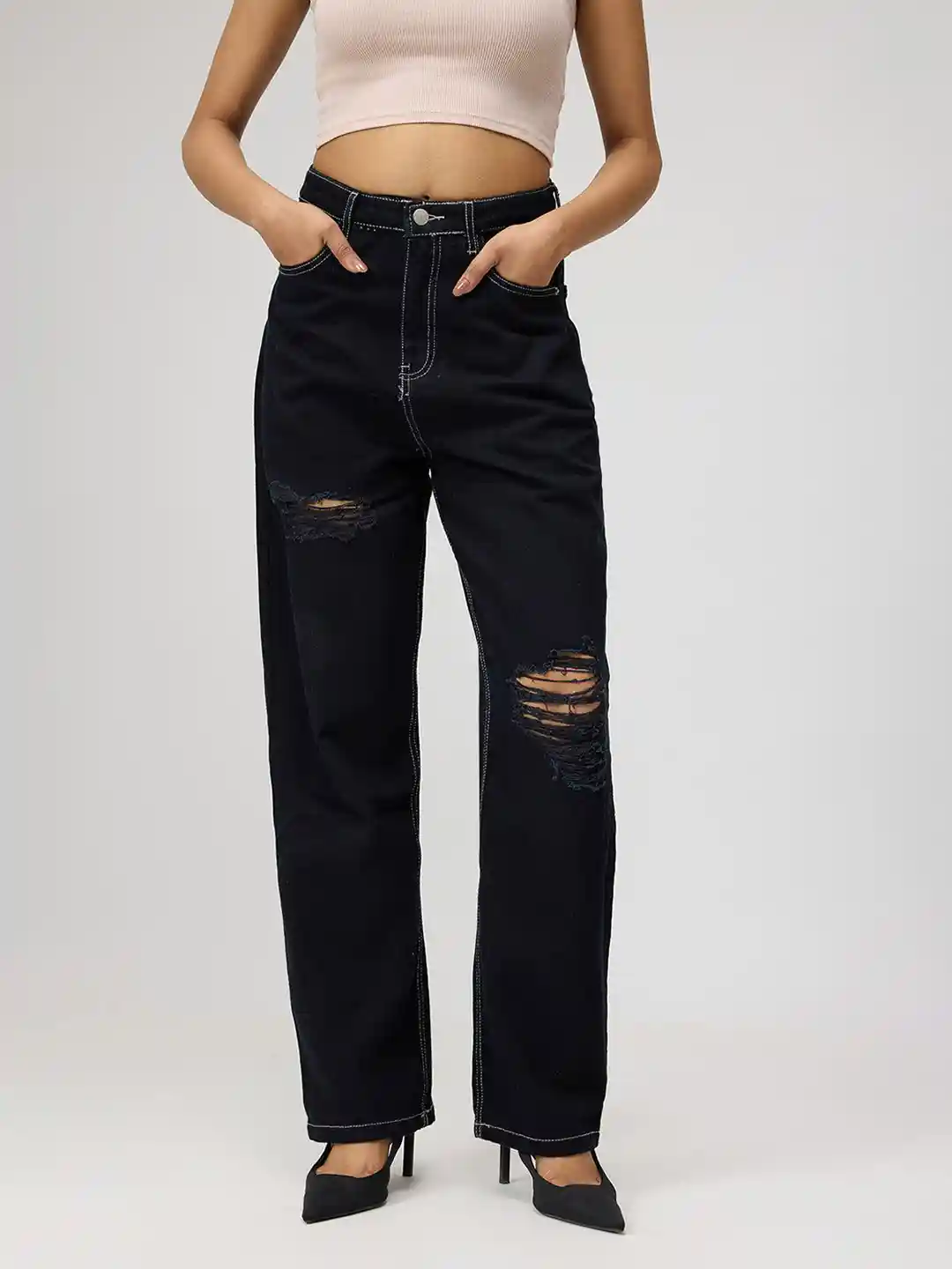 Buy FREAKINS Women Cotton Straight Fit High-Rise Highly Distressed