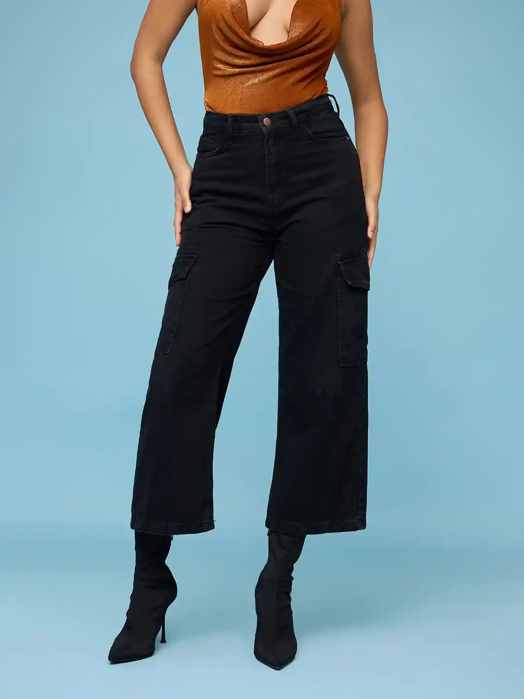 FREAKINS Women Wide Leg High-Rise Cargo Jeans