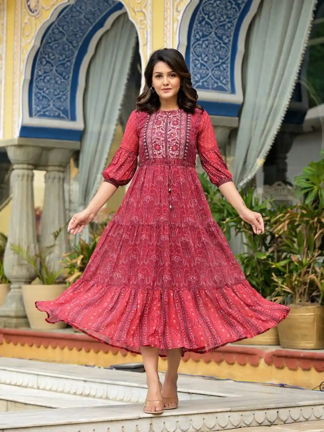 ワンピース JASPER GATHER FLARE DRESS Buy Juniper Women Printed Keyhole Neck Bishop Sleeve Georgette Fit