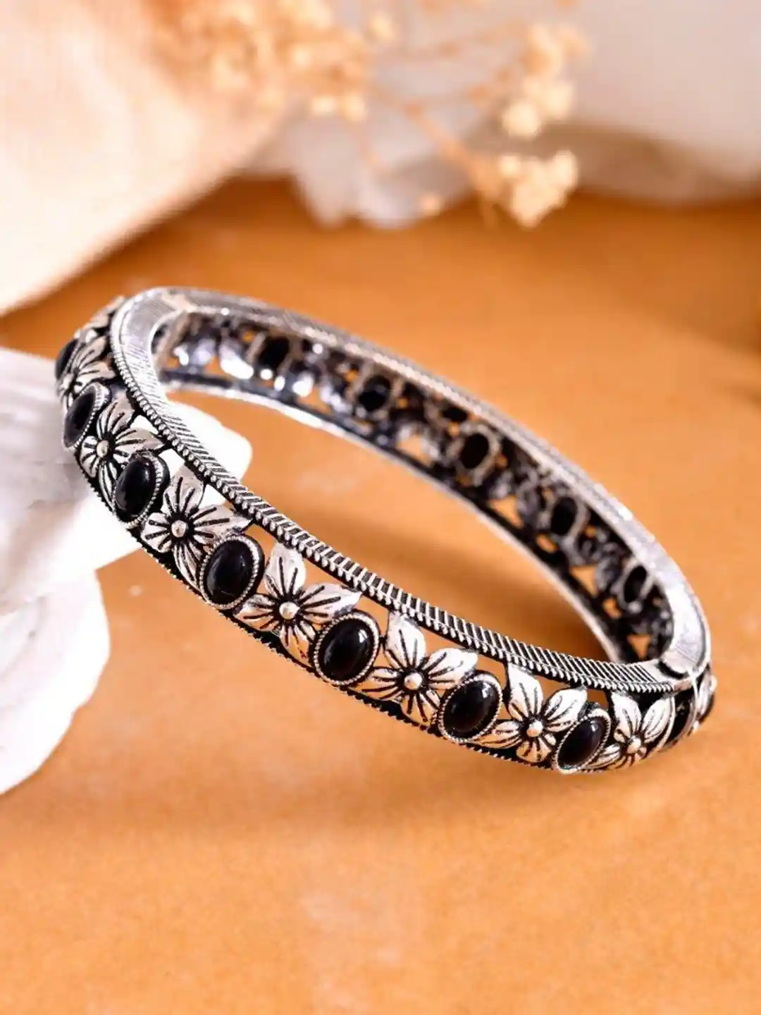 Buy VOJ Rhodium Plated Stainless Steel Artificial Beads Kada