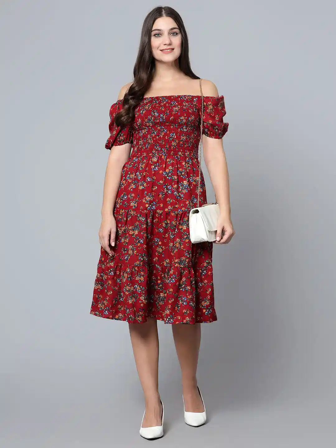 Bani Women's Printed Midi Dress - Festive & Party Dress With Mandarin Collar & Dupatta