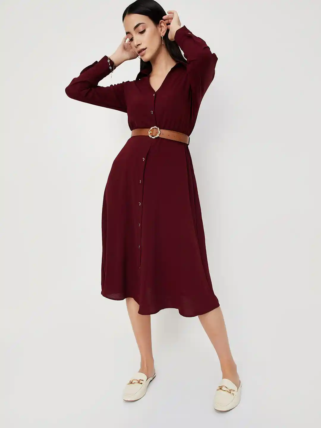 Buy max Solid Belted Midi Shirt Dress Dresses for Women 30646615