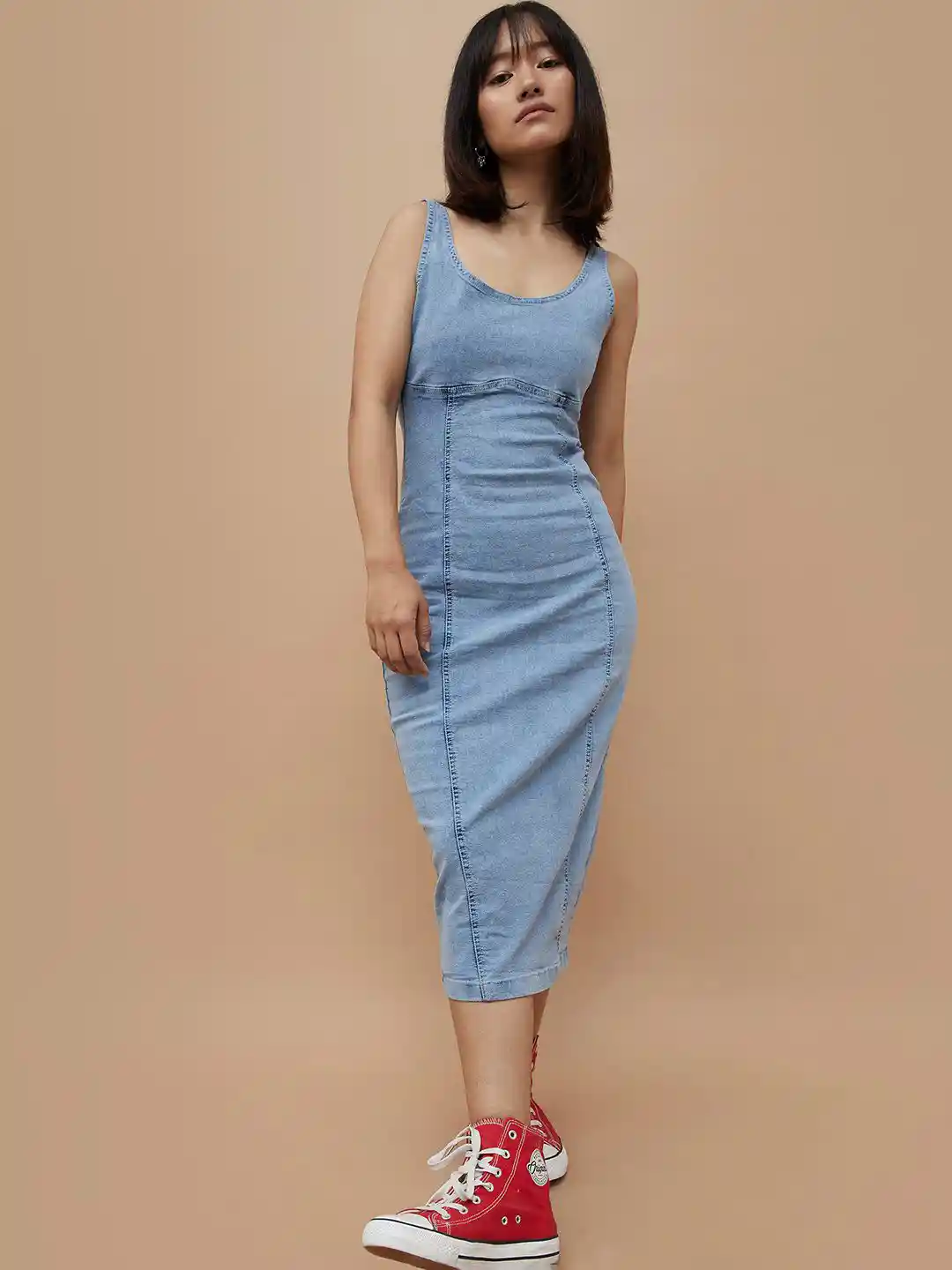 Buy Ginger by Lifestyle Back Slit Denim Midi Sheath Dress